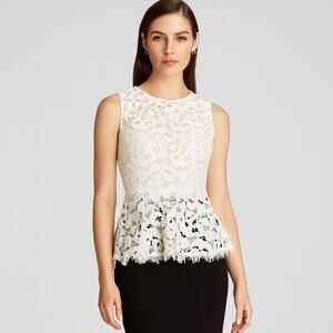BCBGMAXAZRIA Evia Off-White Lace Peplum Top XS Fringe Hem High-Low